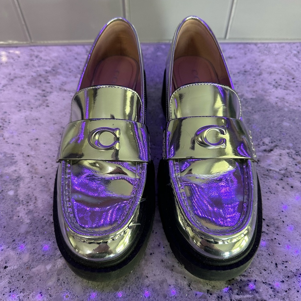 Metallic Silver Coach Loafers with Logo - Size 6.5